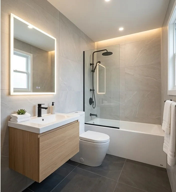 Baño con bañera, mampara de cristal fija y suelo en gres oscuro
