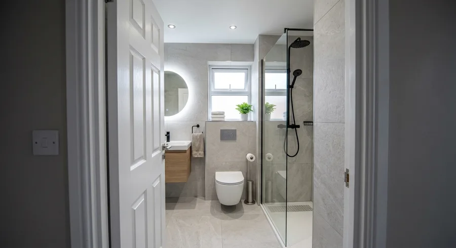 Baño moderno con ducha de obra, mampara de cristal y mueble en madera natural