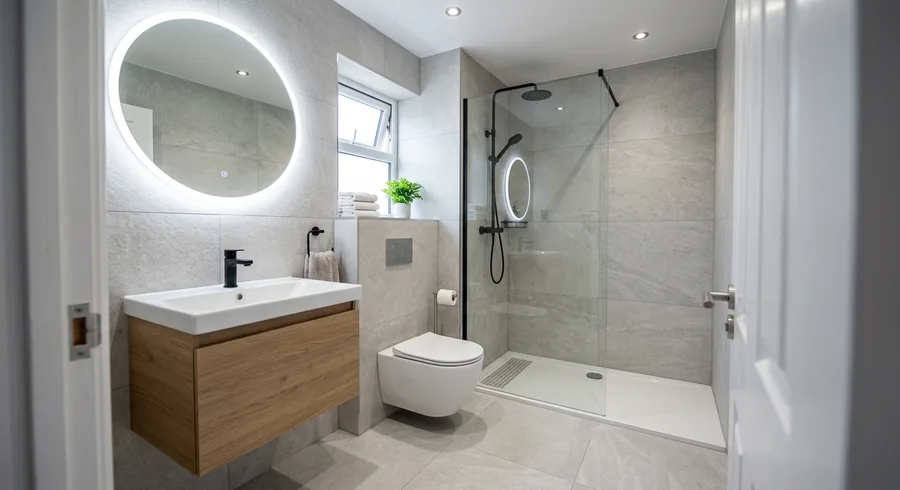 Baño con espejo redondo retroiluminado y ducha de obra en tonos grises
