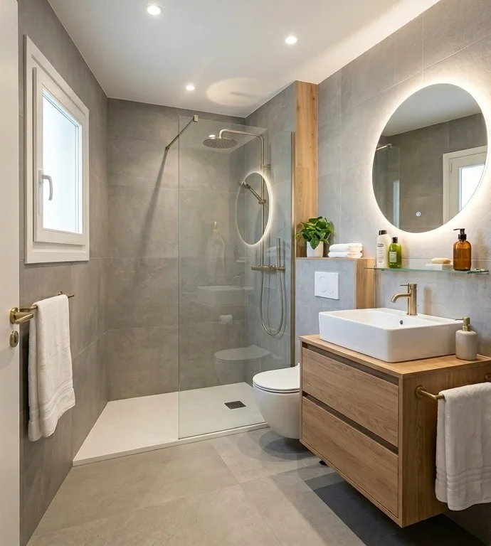 Baño con paneles de madera, espejo redondo y ducha con mampara fija
