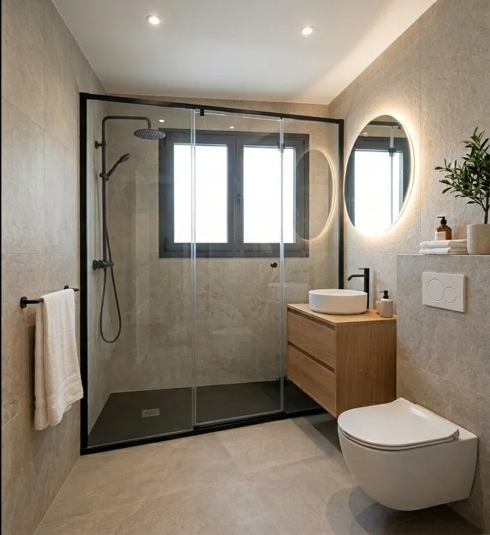 Baño con mampara de perfil negro, dos espejos redondos retroiluminados y planta