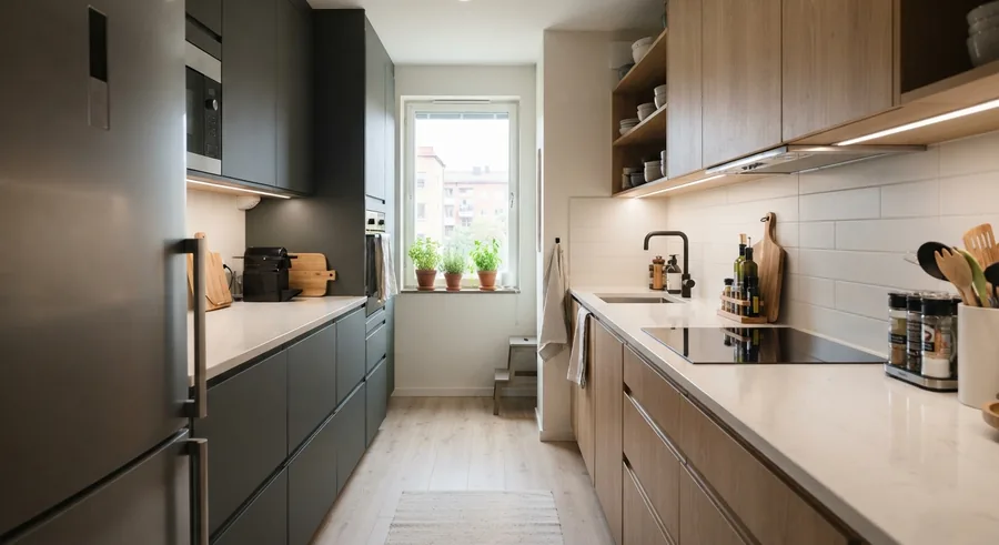 Cocina de pasillo en antracita y madera con iluminación LED bajo mueble