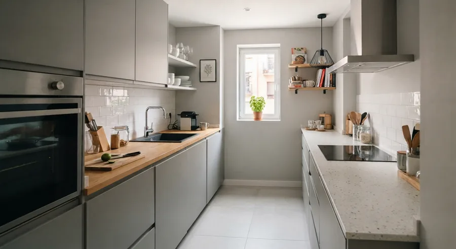 Cocina de pasillo en gris claro con encimera de madera maciza y suelo de gres