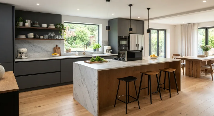 Cocina abierta al salón con isla de mármol veteado, faldón de madera y taburetes altos