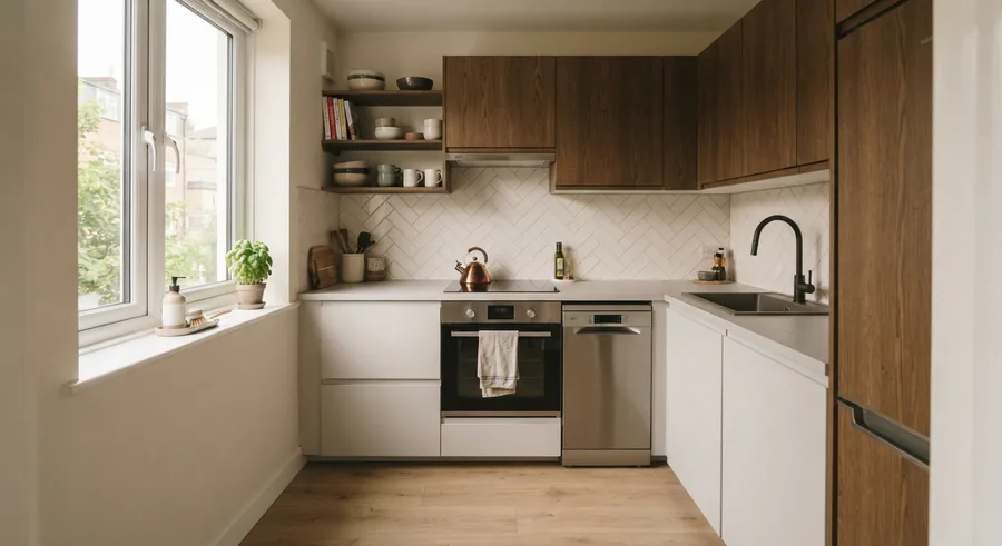 Cocina en L con muebles en madera oscura y blanco, y alicatado en espiga