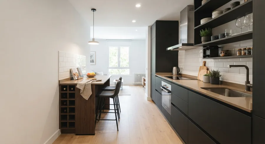 Cocina en negro con península de madera, vinoteca integrada y taburetes altos