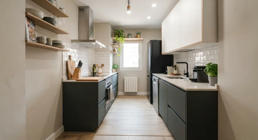 Cocina de pasillo en verde oscuro y blanco con azulejo tipo metro y suelo de madera clara