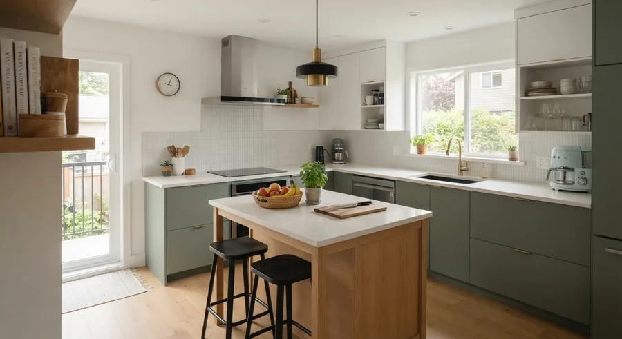Cocina en verde oliva con isla de madera, encimera blanca y herrajes dorados