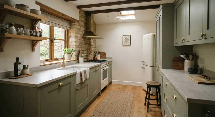 Cocina rústica con pared de piedra vista, muebles en verde salvia y vigas de madera