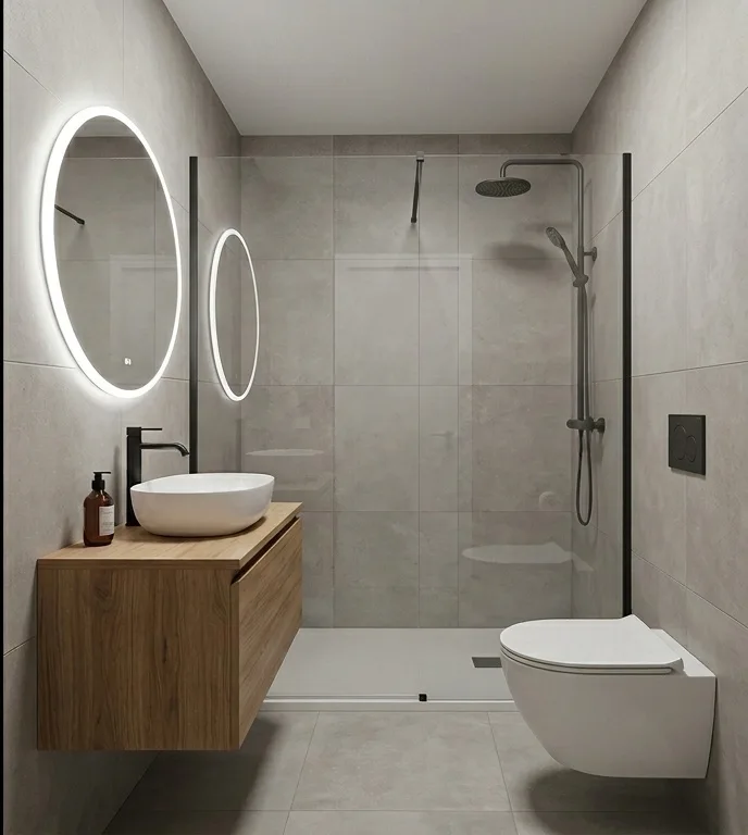Baño luminoso con espejos ovalados retroiluminados y ducha de obra — idea de reforma para tu baño en Becerril de la Sierra